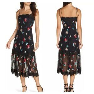 NWT BB Dakota RSVP Dress Size 4 S Mesh Midi Dress Black Lace Floral Embroidered